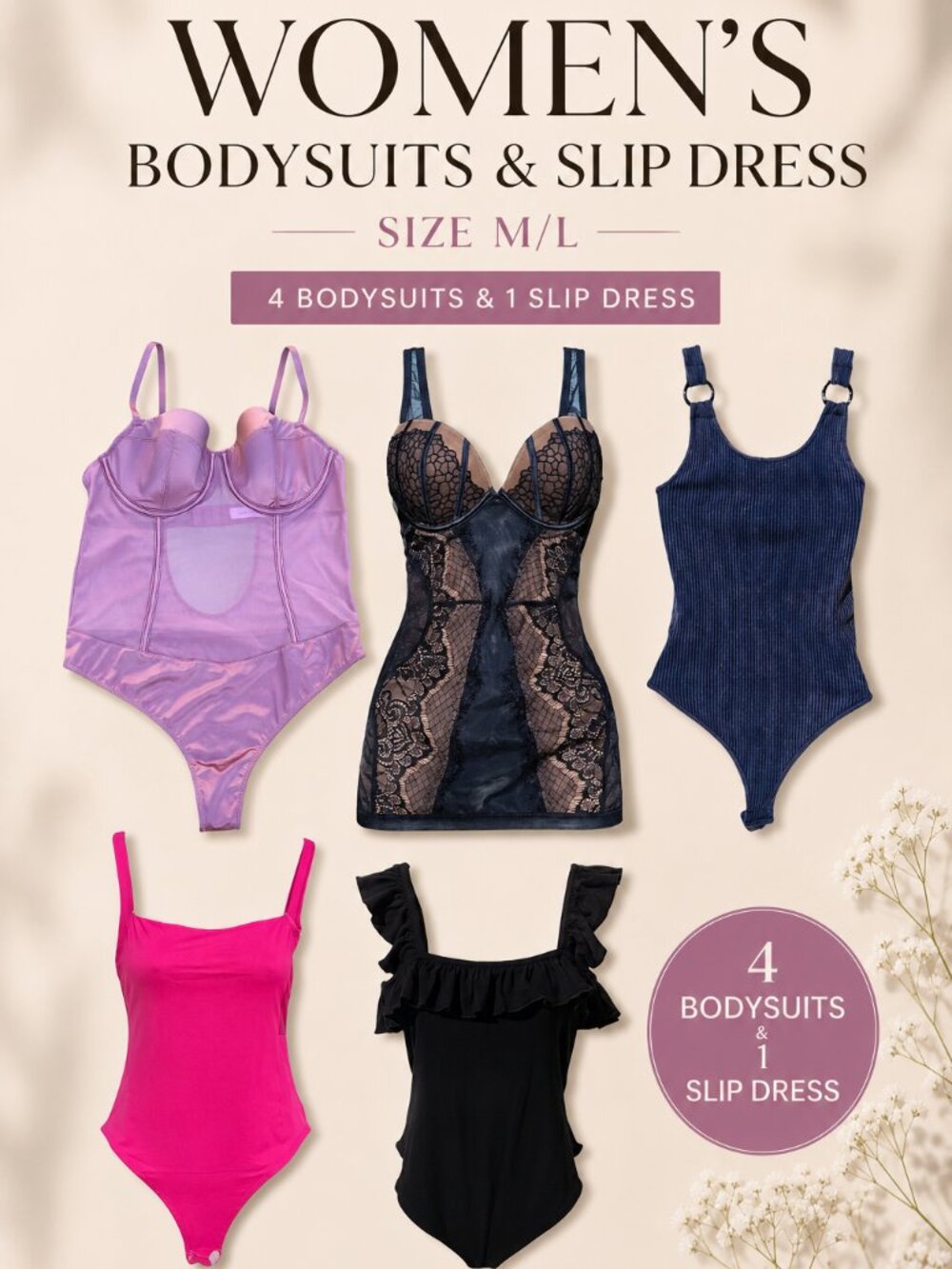 Women’s Bodysuits & Slip Dress Bundle | 4 Bodysuits + 1 Lace Slip Dress, M/L